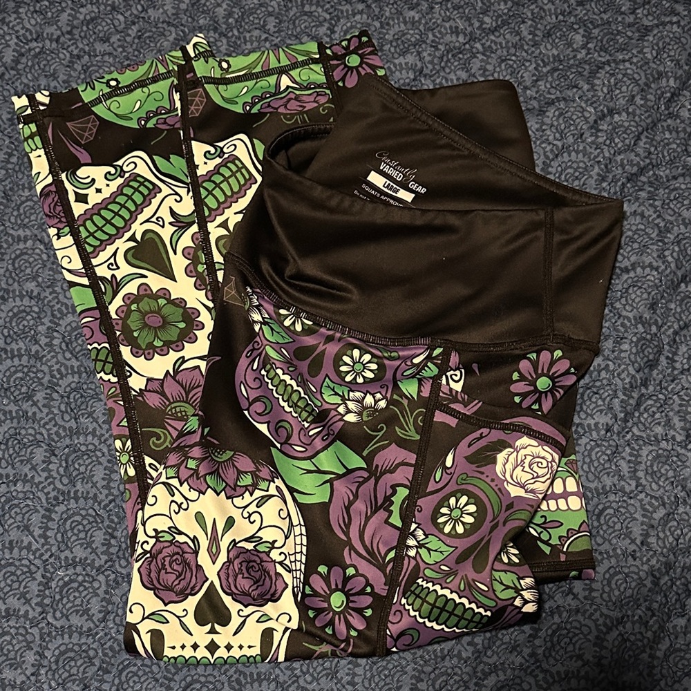 Constantly Varied Gear Skull Pattern Leggings - Green, Purple, Black